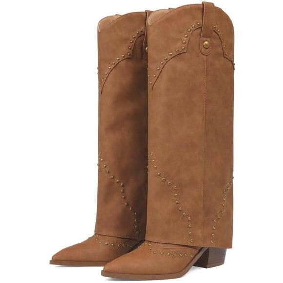 Women's Brown Cowgirl Boots Knee High Tall Wester Slouch Pointed Toe Pull on